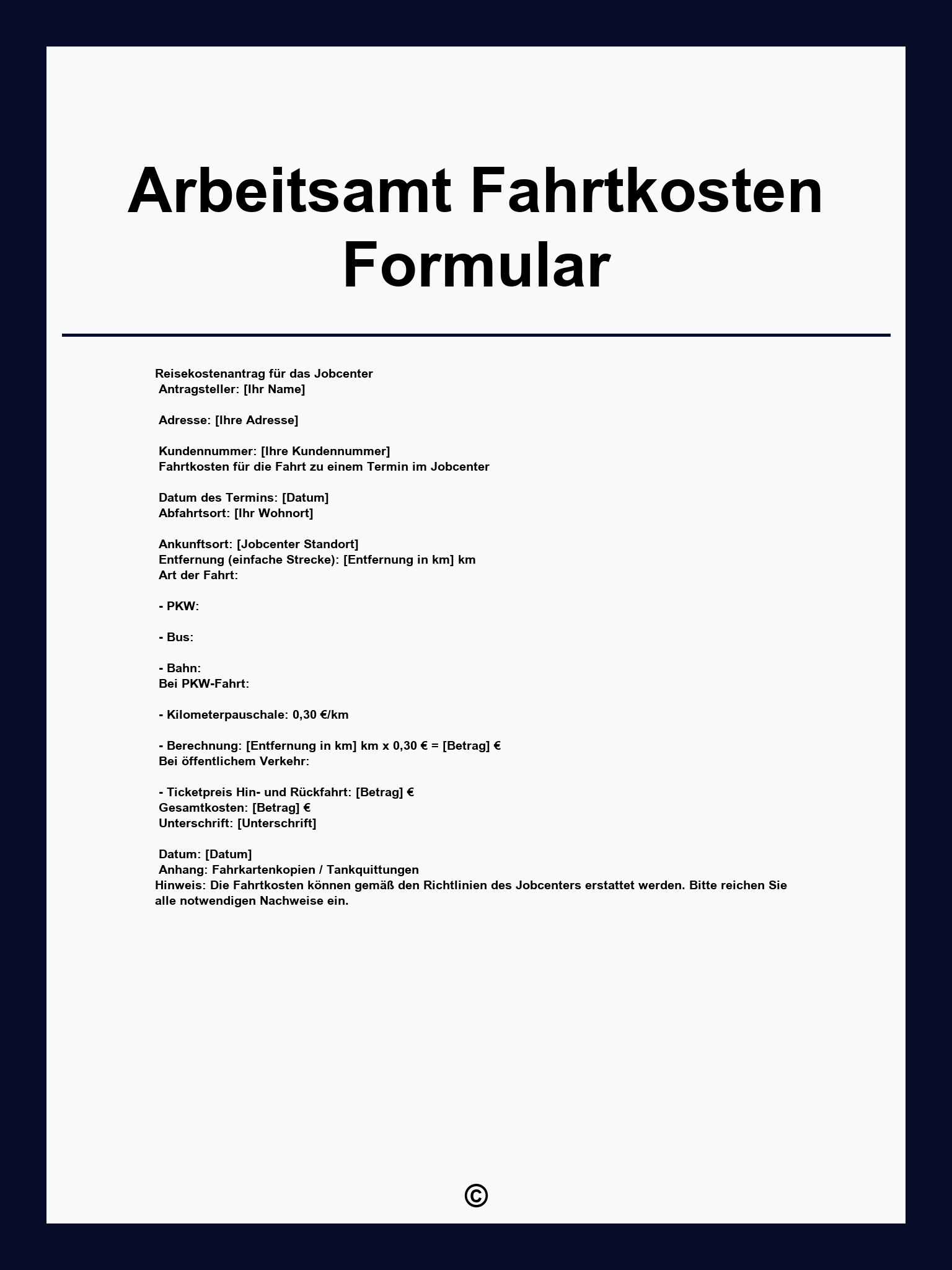 Arbeitsamt Fahrtkosten Formular
