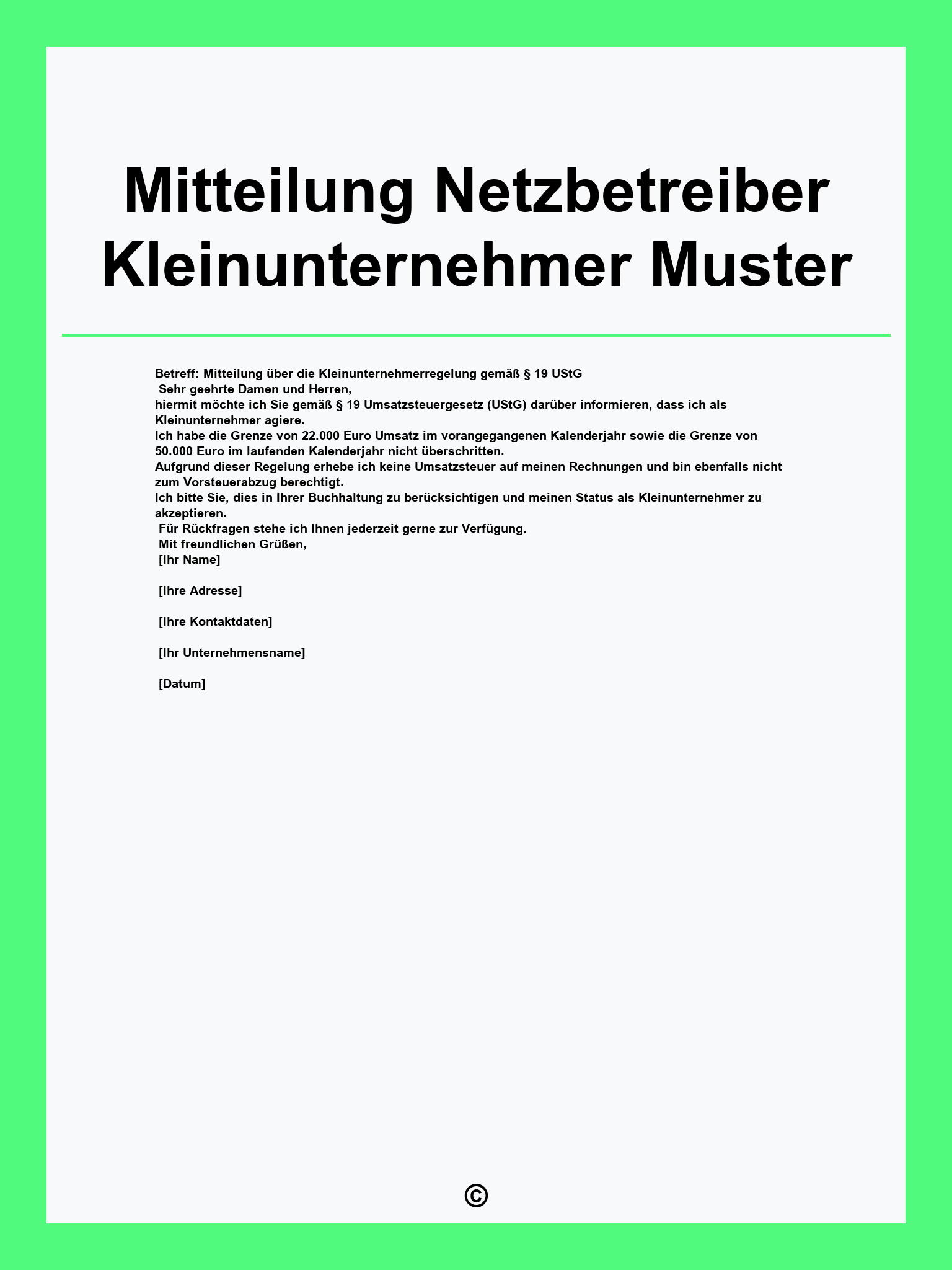 Mitteilung Netzbetreiber Kleinunternehmer Muster